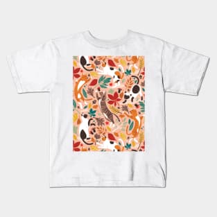 Autumn joy // pattern // flesh coral background cats dancing with many leaves in fall colors Kids T-Shirt